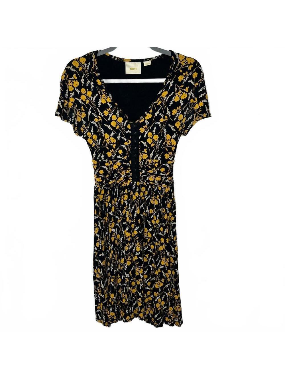 Maeve Anthropologie Floral Print Ruched Fit and Flare Dress Black Yellow XS